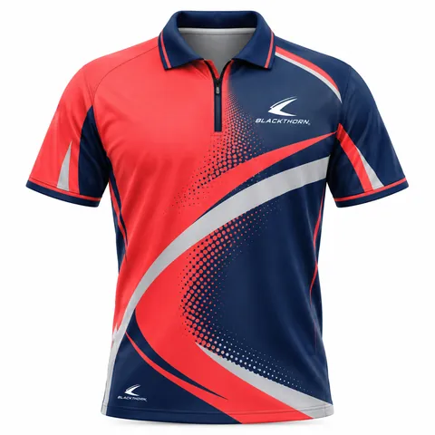 Coral Motion Darts Team Shirt front view, coral red and navy split with halftone dots, bulk darts team shirts