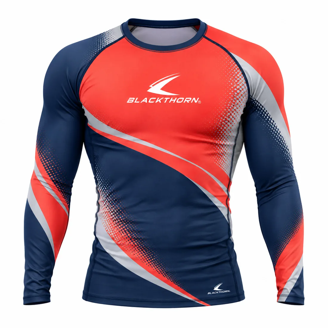 Coral Motion Long Sleeve Rash Guard front view, coral and navy custom long sleeve rash guard with halftone dots
