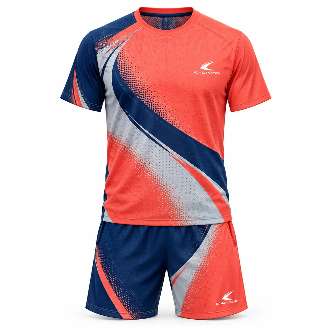 Coral Motion Pickleball Outfit front view, coral and navy tee with navy shorts, bulk pickleball outfits