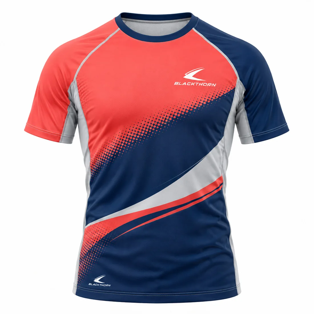 Coral Motion rowing top front view, coral red and navy split with silver-grey sweep, private label rowing tops
