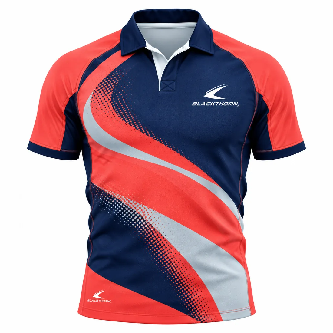 Coral Motion Rugby Jersey front view, coral sleeves, navy yoke, halftone dots and silver sweep - custom