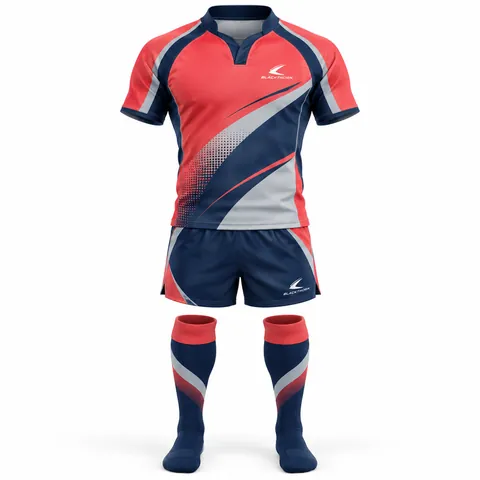 Coral Motion Rugby Kit front view, coral and navy jersey with halftone dots, shorts and socks - team kit