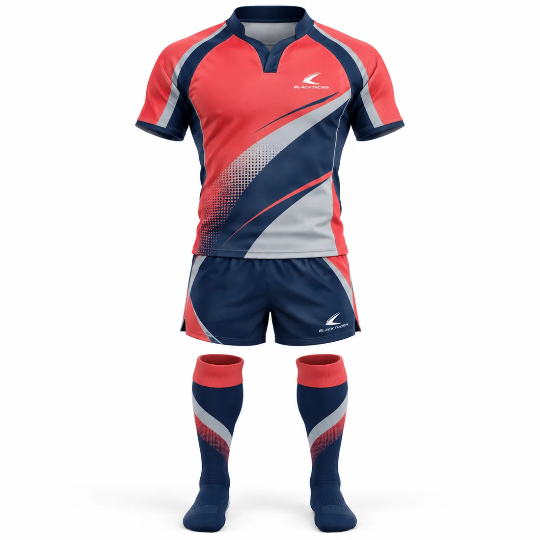 Coral Motion Rugby Kit front view, coral and navy jersey with halftone dots, shorts and socks - team kit