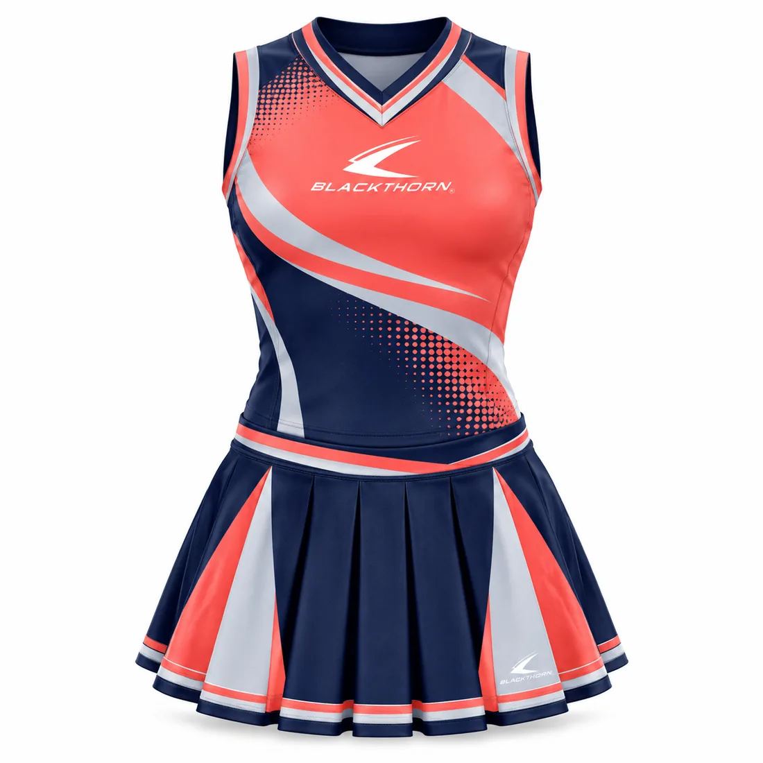 Coral Motion School Cheer Uniform front view, coral and navy school cheer uniform from cheer uniform factory