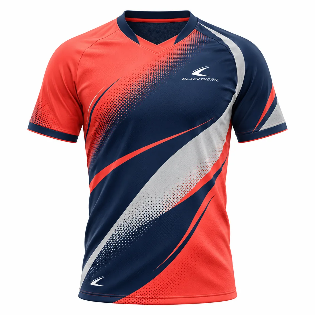 Coral Motion Soccer Jersey front view, coral and navy V-neck with halftone and silver-grey sweep, OEM soccer jersey