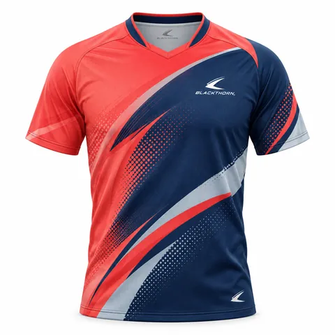 Coral Motion table tennis shirt front view, coral and navy split with halftone dots, private label shirt