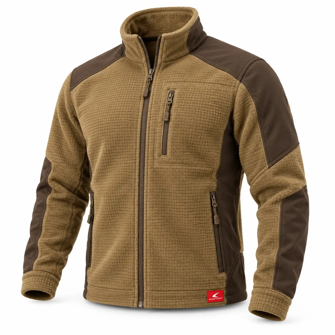 Coyote & Brown Full-Zip Grid Fleece, front view, wholesale hunting fleece jacket made to order