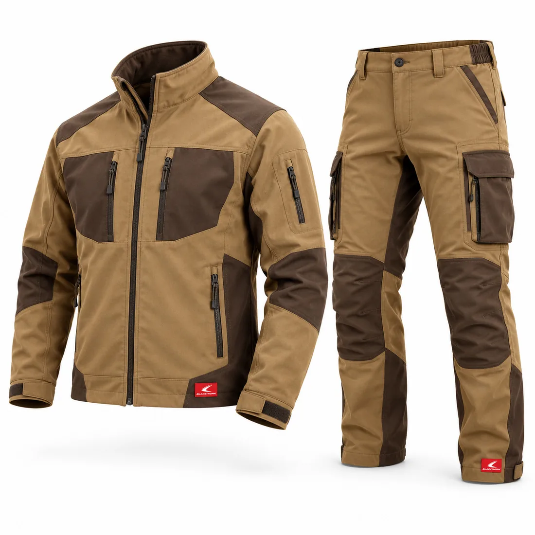 Coyote & Brown Hunting Suit, front view of stand-collar jacket and trousers for a wholesale hunting suit