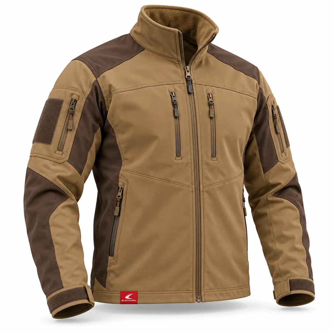Coyote & Brown Stand-Collar Softshell, front view with brown shoulders – wholesale tactical softshell jacket