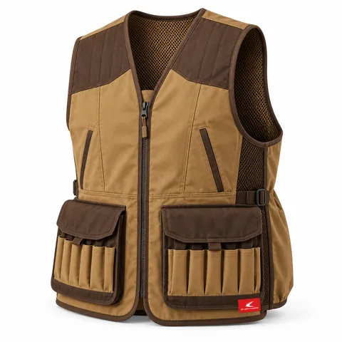 Coyote & Brown Upland Vest, front view with brown quilted shoulders and shell loops – wholesale upland hunting vest