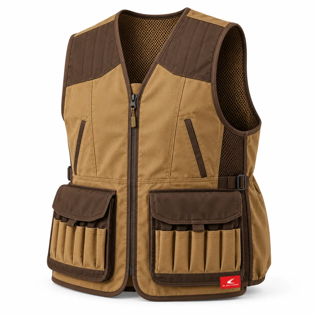 Coyote & Brown Upland Vest, front view with brown quilted shoulders and shell loops – wholesale upland hunting vest