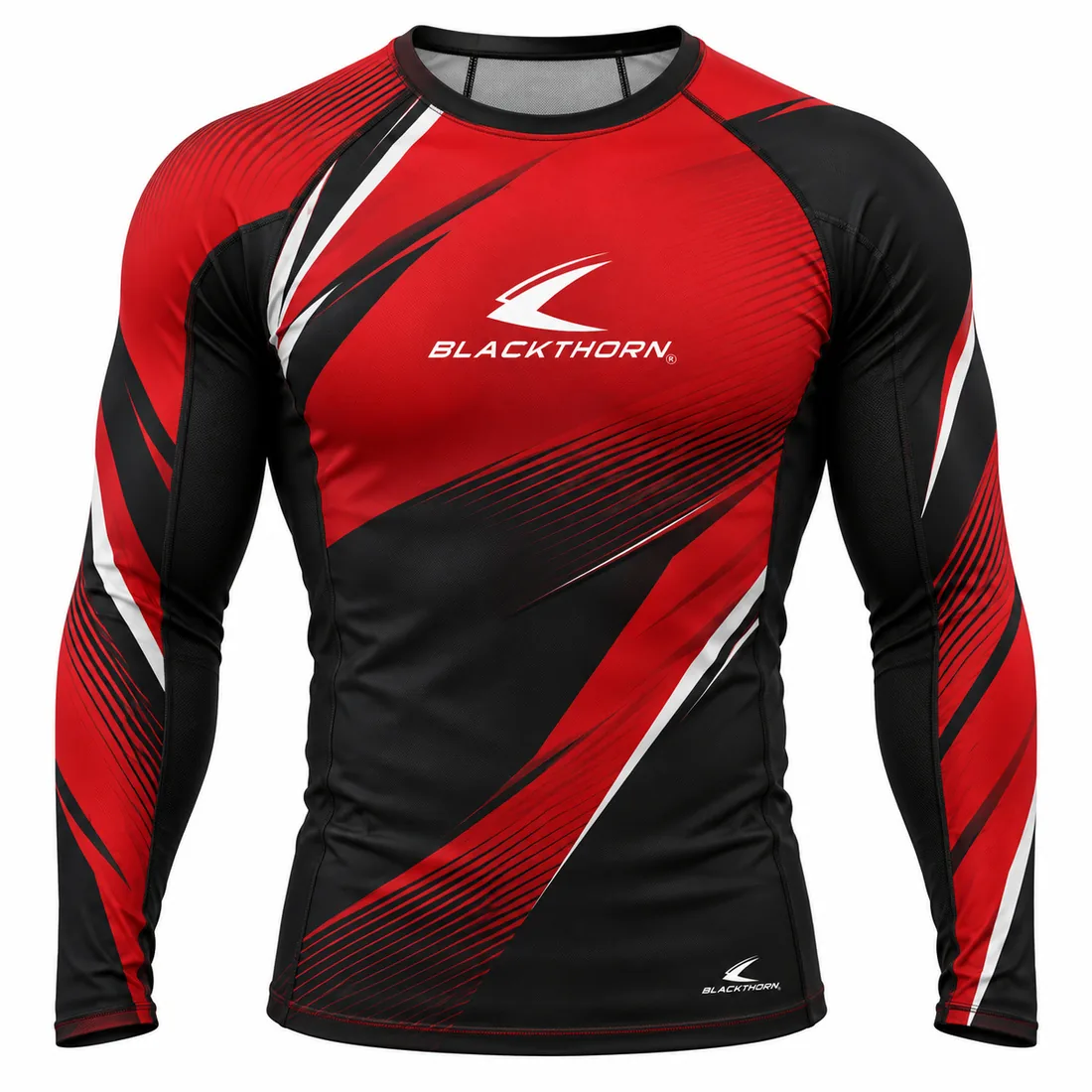 Crimson Vector BJJ Rash Guard front view, red and black long sleeve rash guard from BJJ rash guard manufacturer