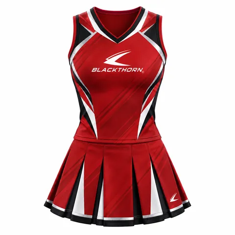 Crimson Vector Cheer Uniform front view, red V-neck shell and pleated skirt by cheerleading uniform manufacturer