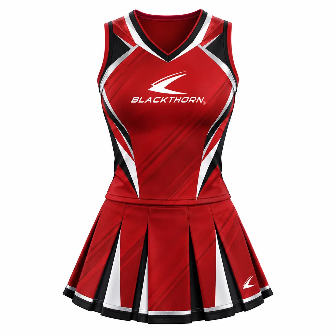 Crimson Vector Cheer Uniform front view, red V-neck shell and pleated skirt by cheerleading uniform manufacturer