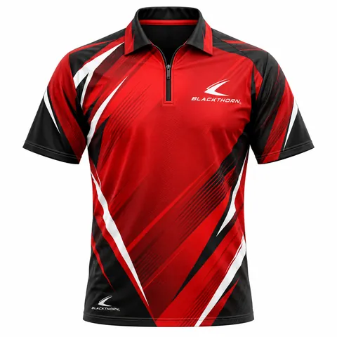 Crimson Vector Darts Shirt front view, red quarter-zip with black and white slashes, custom darts shirts