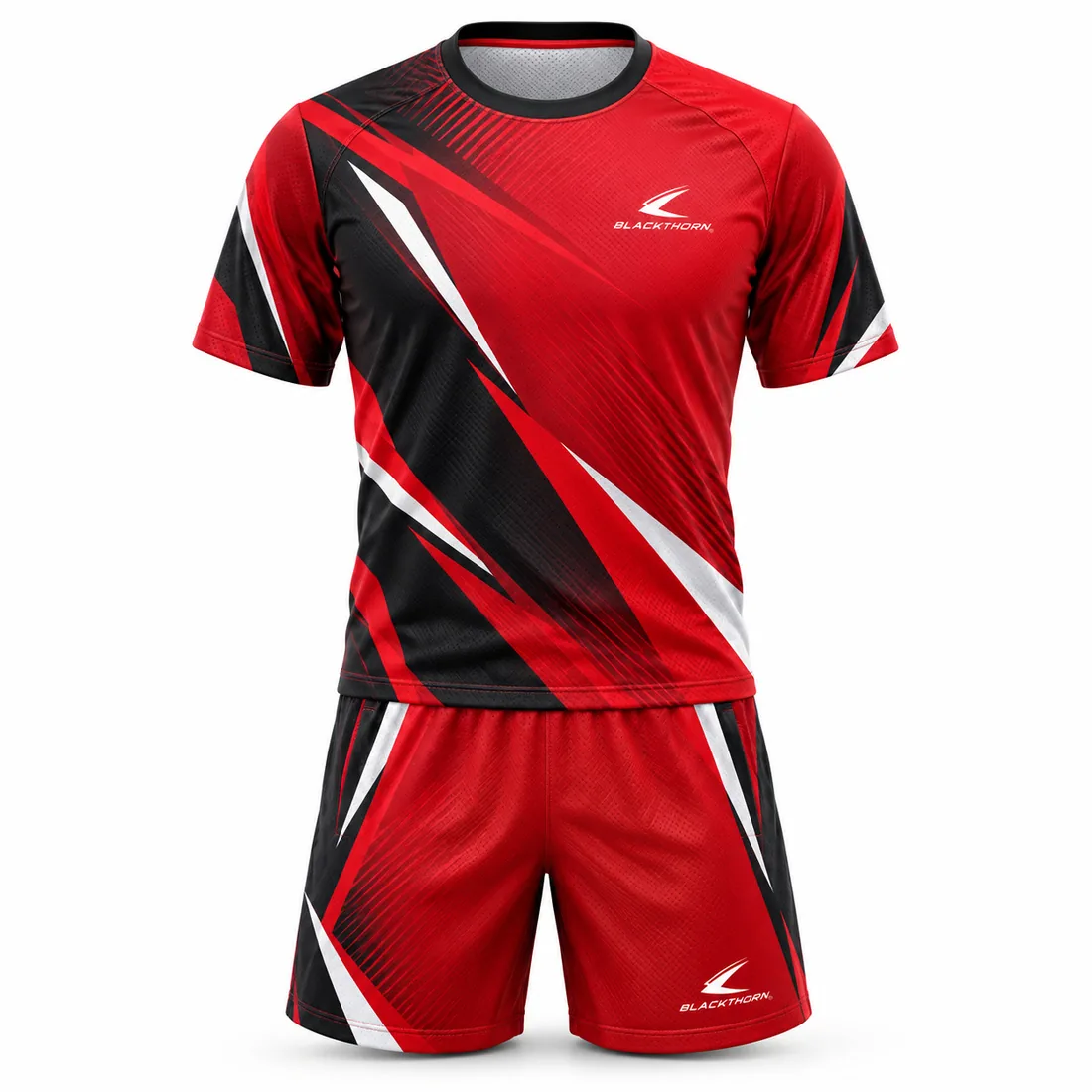 Crimson Vector Pickleball Set front view, red tee and shorts with black slashes, custom pickleball uniforms