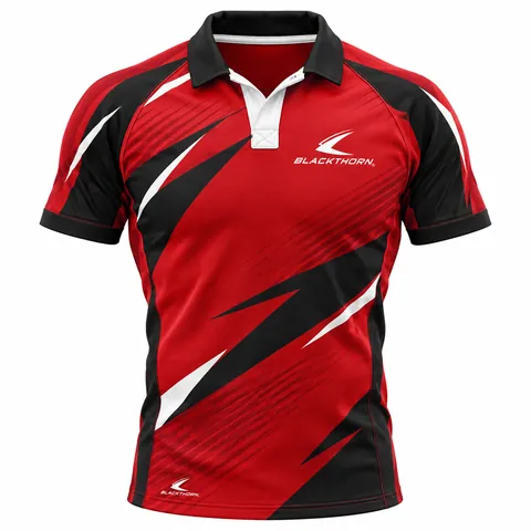 Crimson Vector Rugby Jersey front view, red body with black raglan sleeves and white slashes - rugby jersey