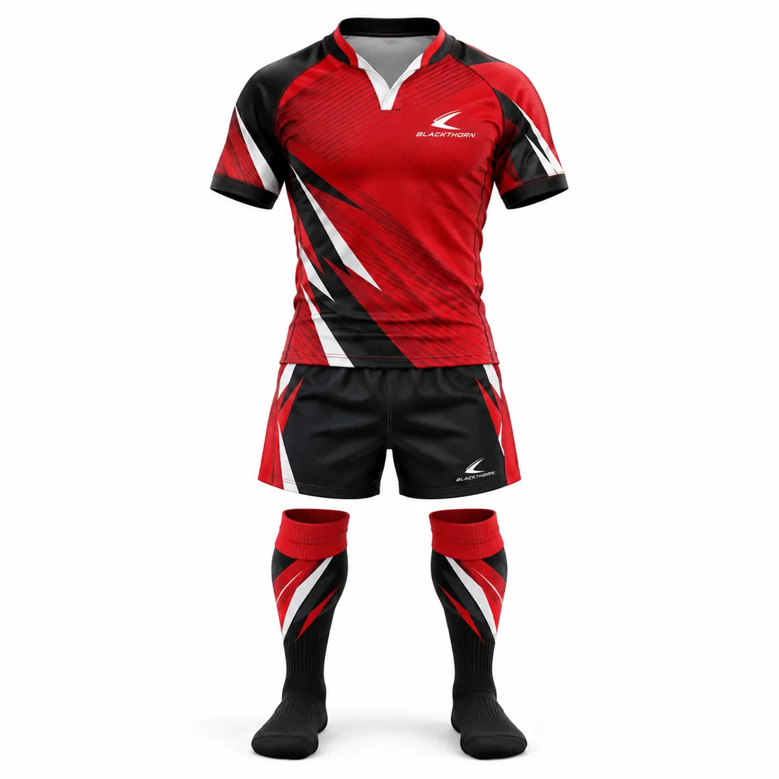 Crimson Vector Rugby Kit front view, red and black sublimated jersey, shorts and socks - custom rugby kit