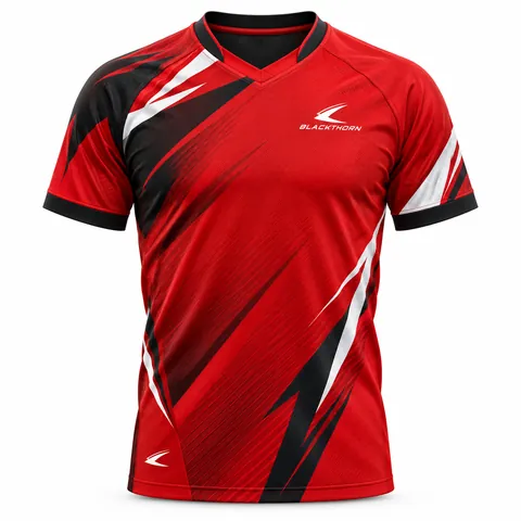 Crimson Vector Soccer Jersey front view, red V-neck with black shoulders and white slashes, wholesale soccer jersey