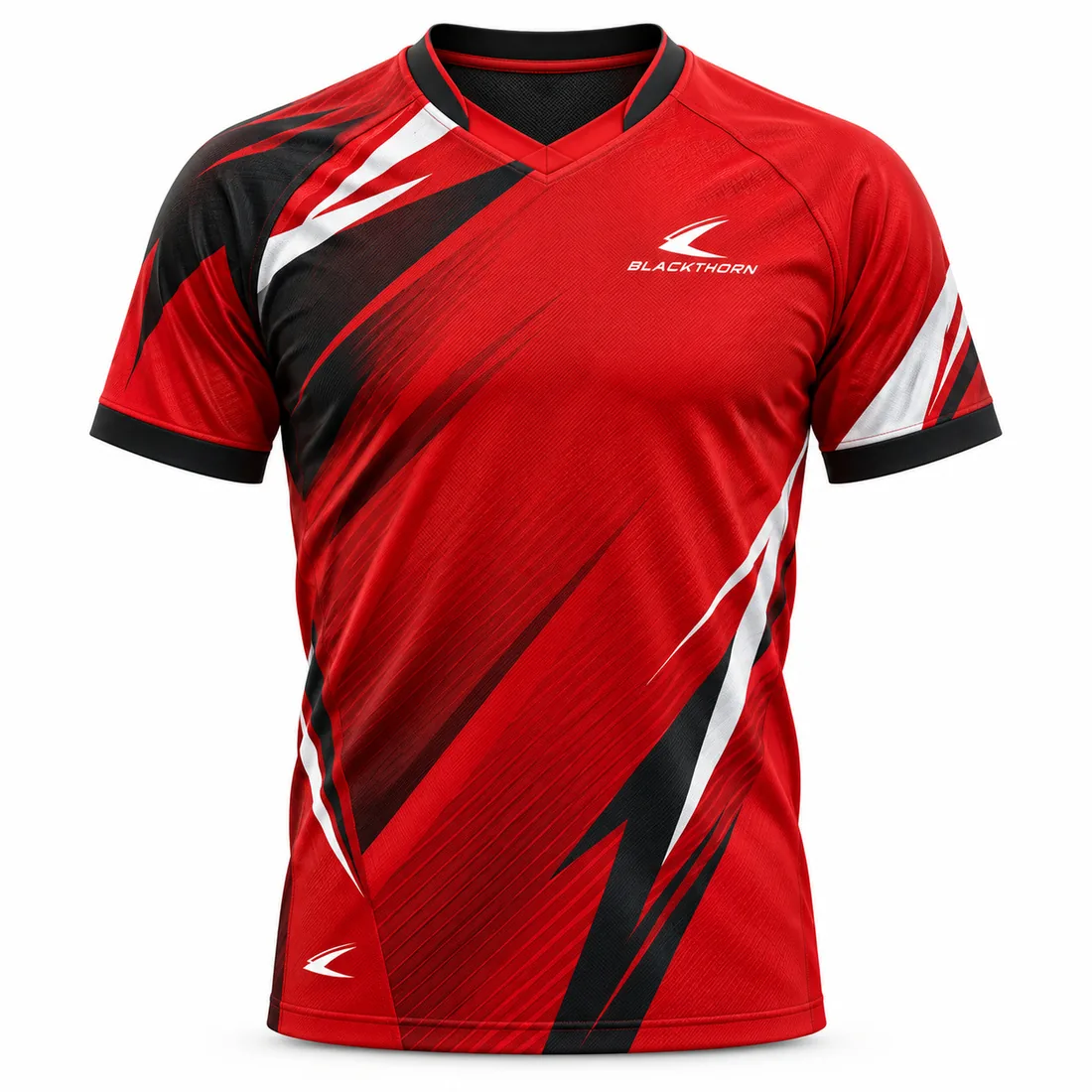 Crimson Vector Soccer Jersey front view, red V-neck with black shoulders and white slashes, wholesale soccer jersey