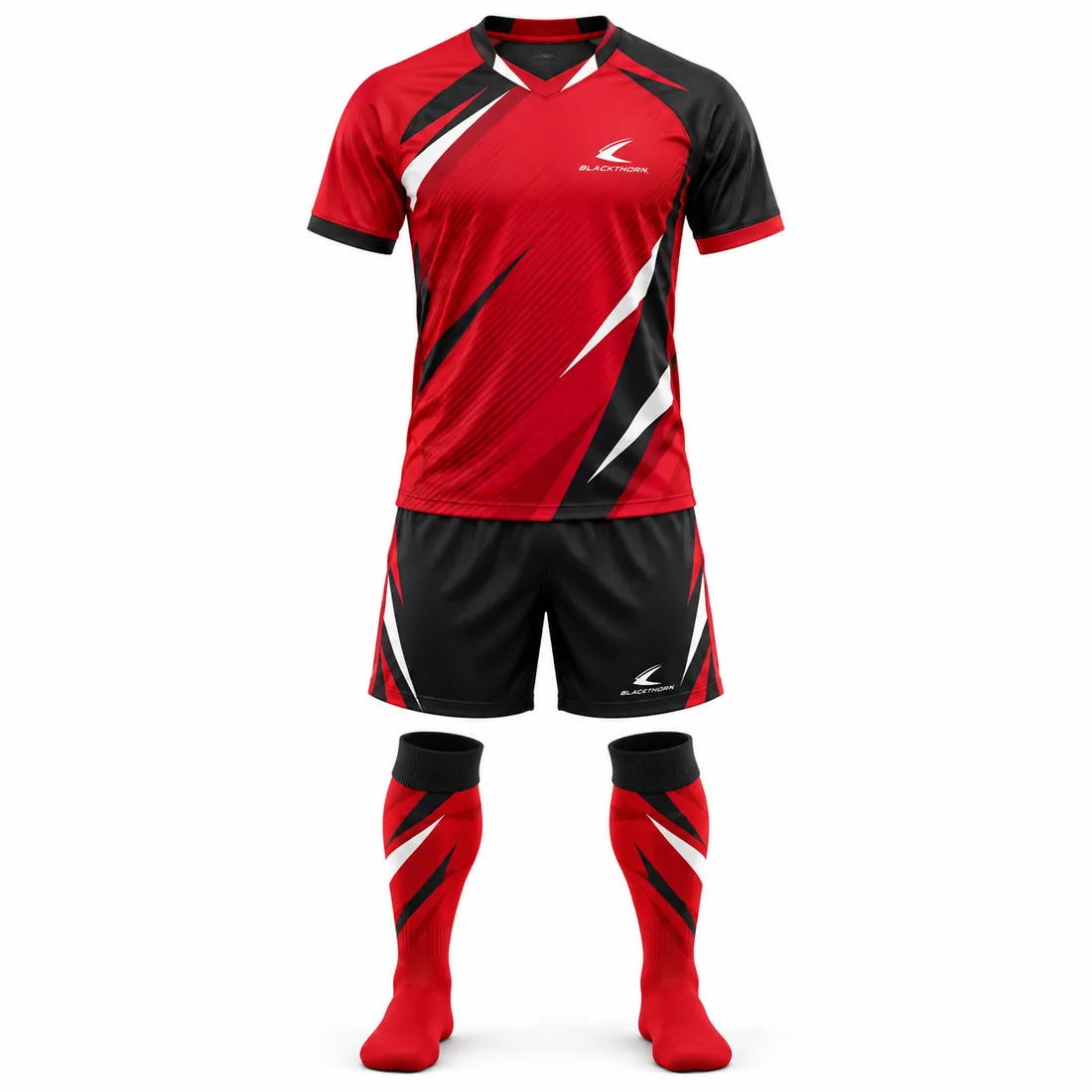 Crimson Vector Soccer Kit front view, red jersey, black shorts and red socks, custom soccer kit manufacturer