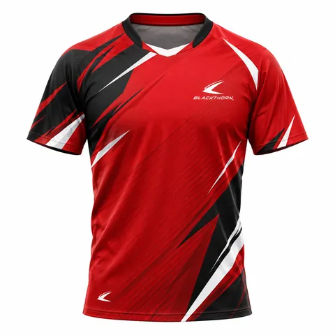 Crimson Vector table tennis shirt front view, red sublimated V-neck by a table tennis shirt manufacturer