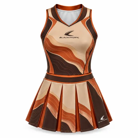 Desert Wave Cheerleading Outfit front view, burnt orange and brown cheerleading outfit with pleated skirt