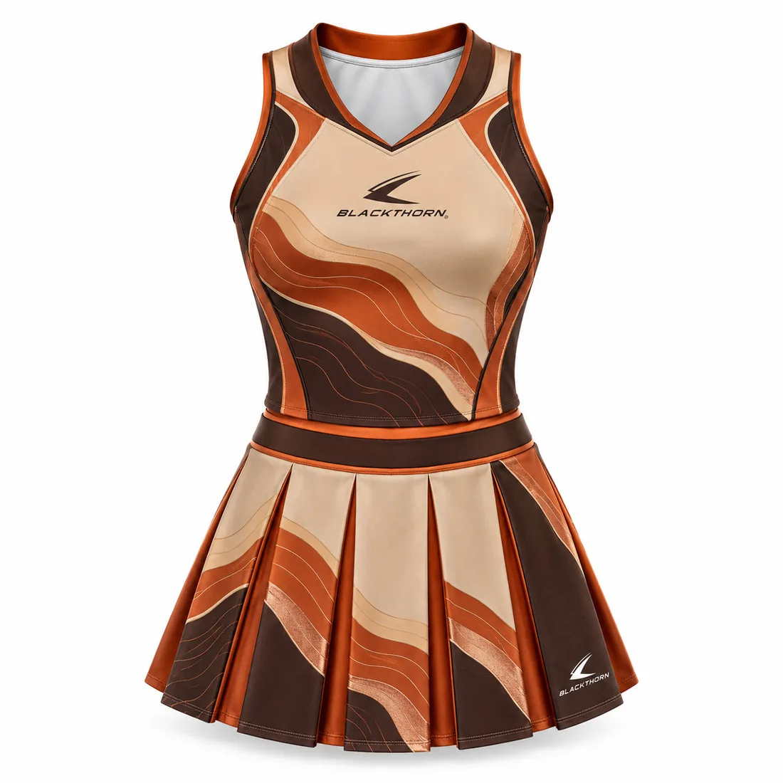 Desert Wave Cheerleading Outfit front view, burnt orange and brown cheerleading outfit with pleated skirt