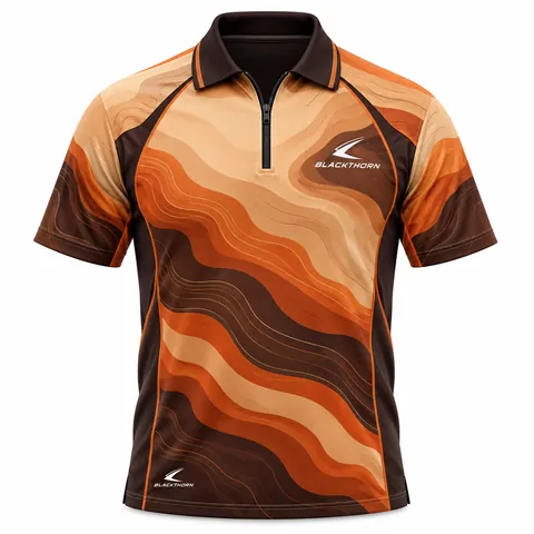 Desert Wave Darts Shirt front view, tan, burnt orange and brown dune waves, private label darts shirts