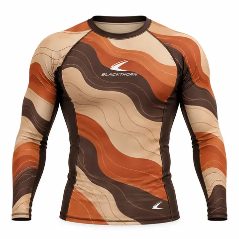 Desert Wave Jiu-Jitsu Rash Guard front view, tan and burnt orange jiu-jitsu rash guard from factory
