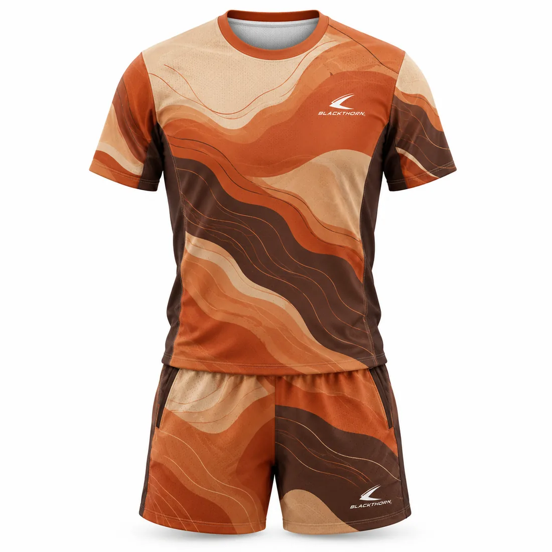 Desert Wave Pickleball Set front view, dune-wave tee and shorts, private label pickleball apparel