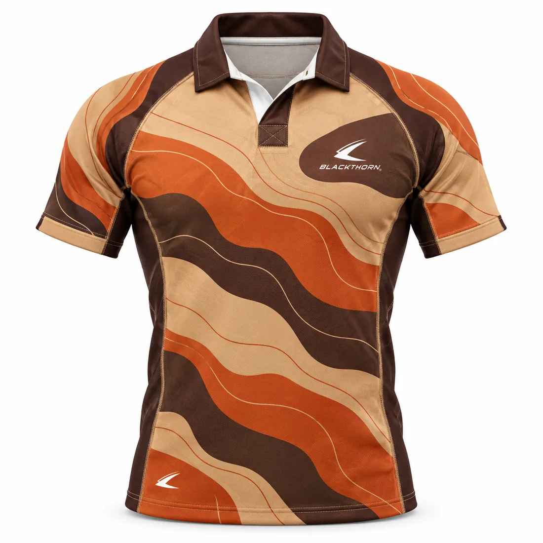 Desert Wave Rugby Jersey front view, tan, burnt orange and brown dune waves with brown collar - private label