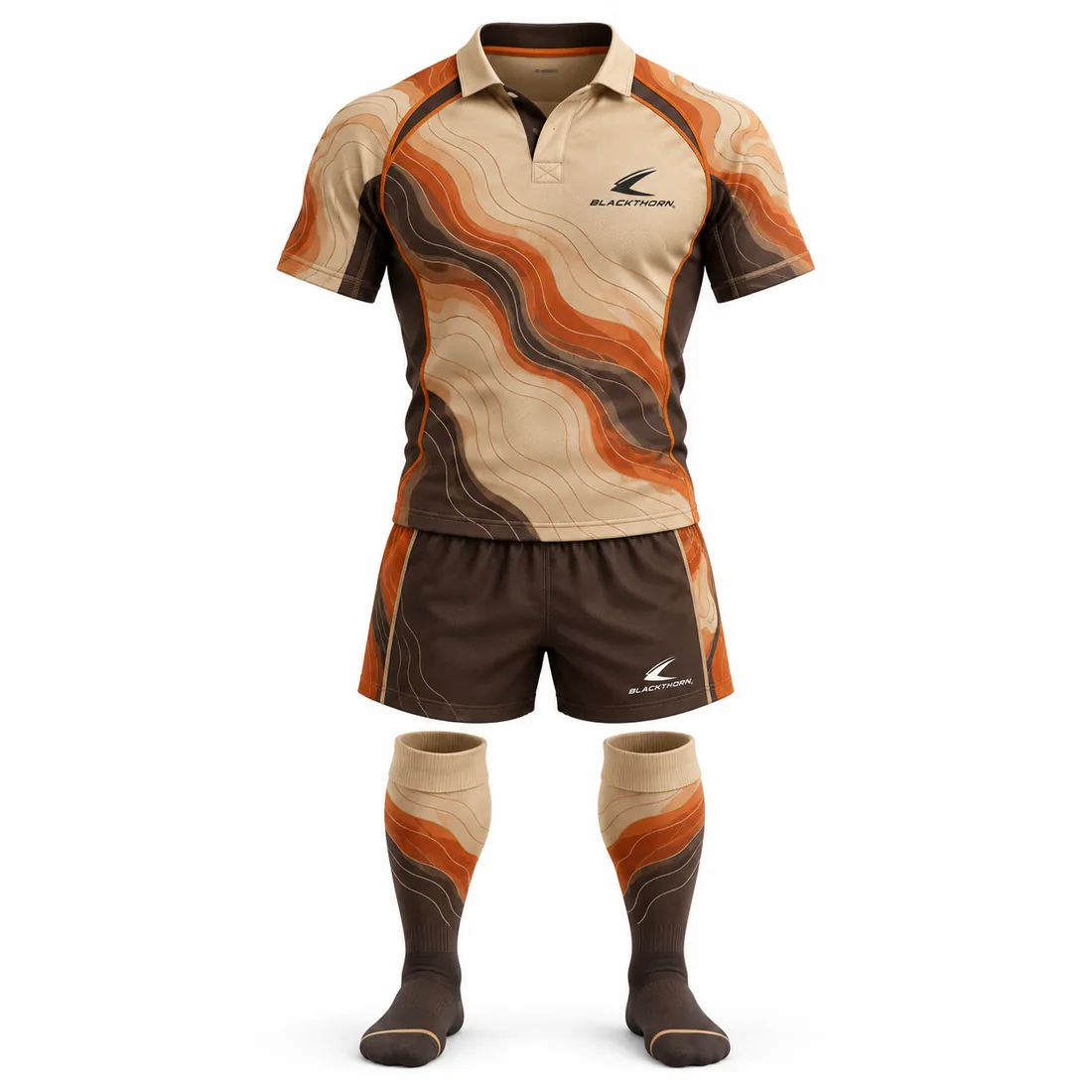 Desert Wave Rugby Kit front view, tan, orange and brown dune wave jersey, shorts and socks - private label