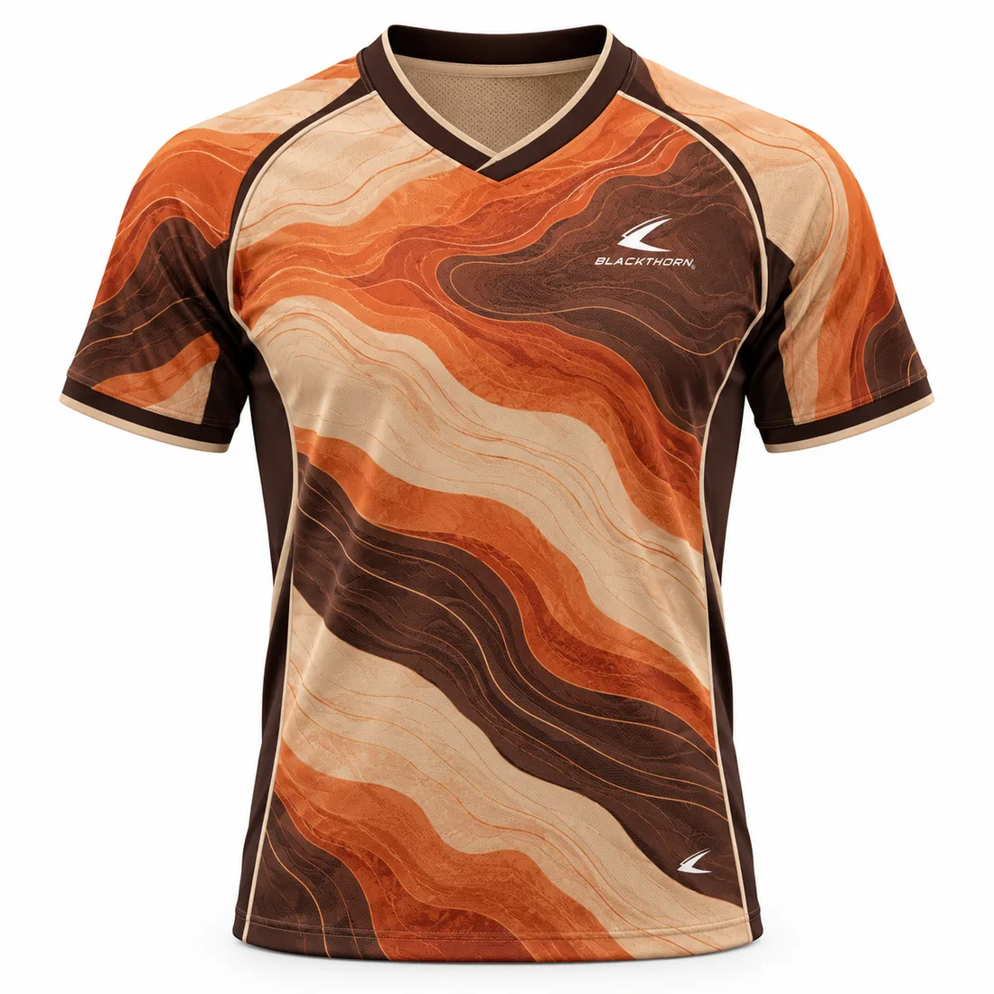 Desert Wave Soccer Jersey front view, tan, burnt orange and brown wave V-neck, custom sublimated soccer jersey