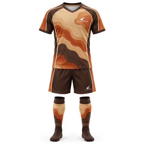 Desert Wave Soccer Kit front view, tan, orange and brown wave jersey, shorts and socks, private label soccer kit