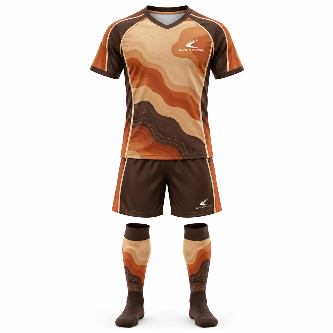 Desert Wave Soccer Kit front view, tan, orange and brown wave jersey, shorts and socks, private label soccer kit