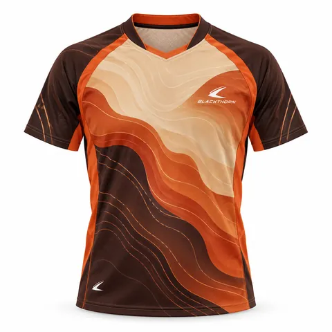 Desert Wave table tennis shirt front view, tan, burnt orange and brown dune waves, bulk table tennis shirts