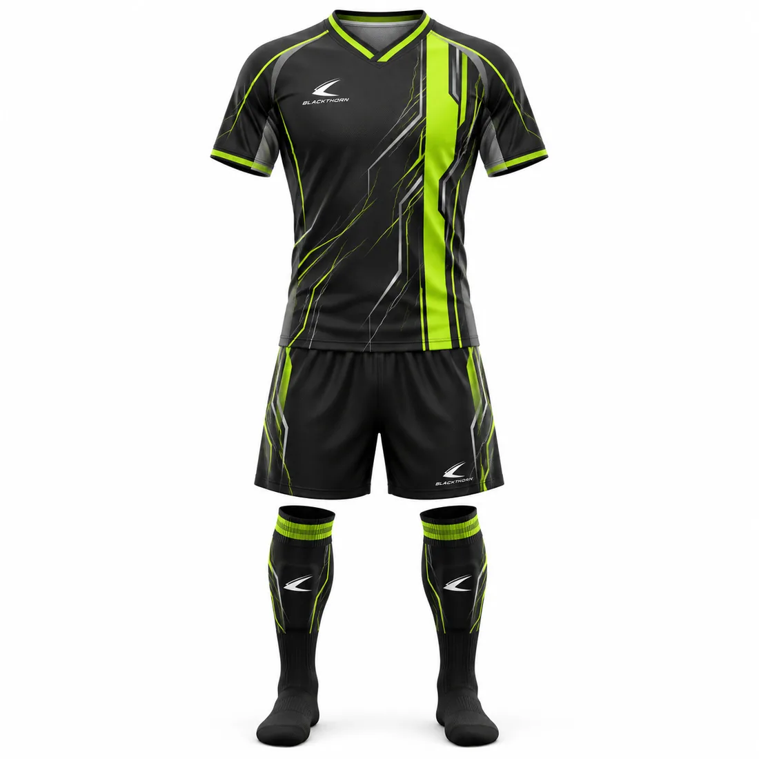 Electric Pulse Football Kit front view, black jersey with neon lime stripe, shorts and socks, OEM football kit