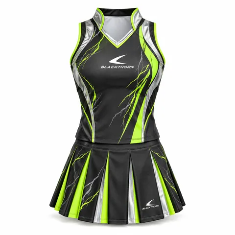 Electric Pulse Neon Cheer Uniform front view, charcoal OEM cheer uniform with neon lime lightning lines
