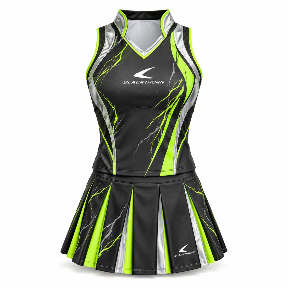 Electric Pulse Neon Cheer Uniform front view, charcoal OEM cheer uniform with neon lime lightning lines