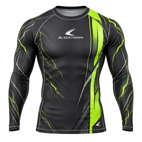 Electric Pulse MMA Rash Guard front view, charcoal long sleeve MMA rash guard with neon lime stripe