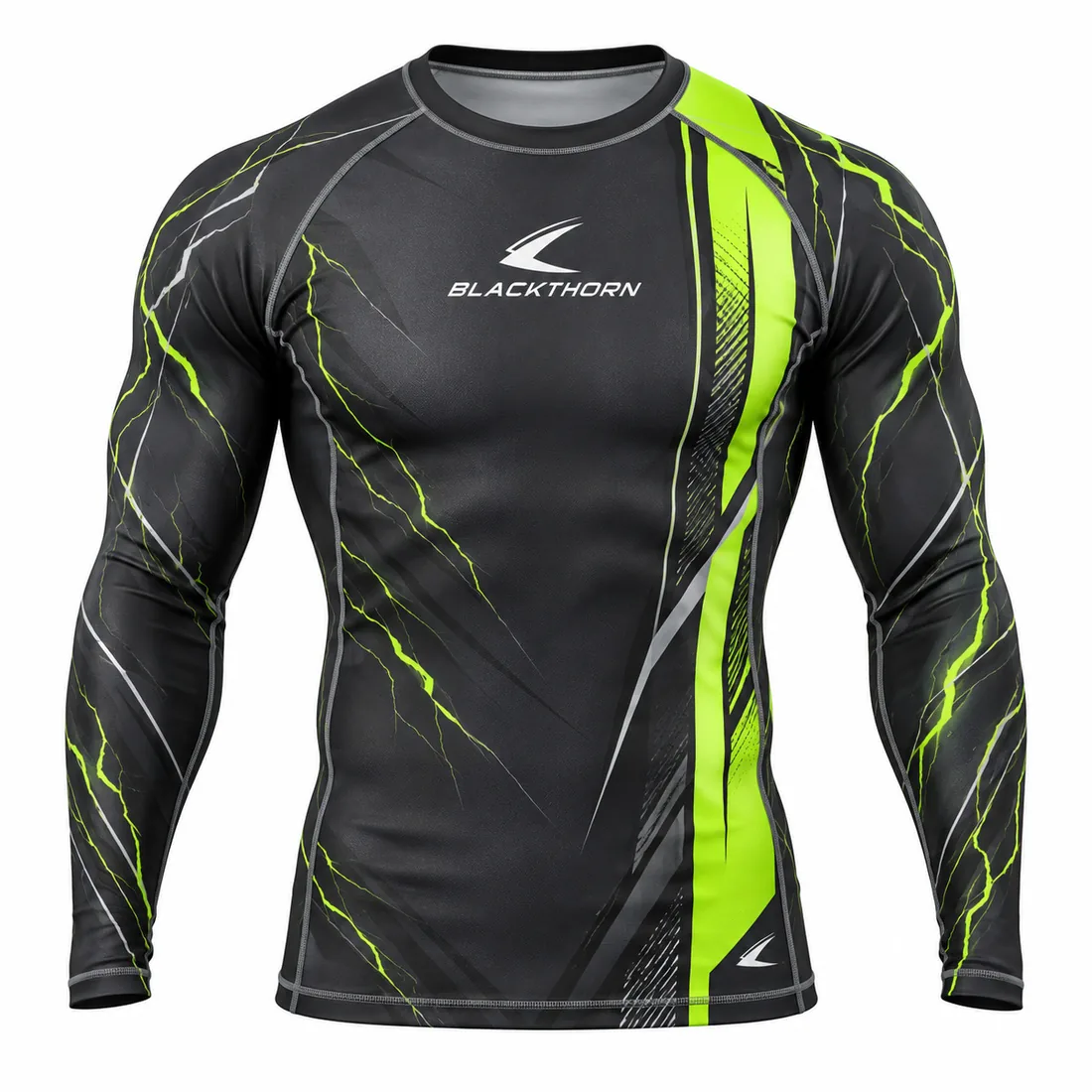 Electric Pulse MMA Rash Guard front view, charcoal long sleeve MMA rash guard with neon lime stripe