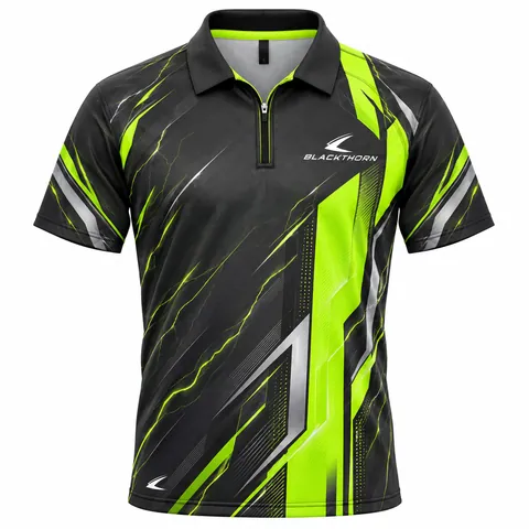 Electric Pulse Neon Darts Shirt front view, charcoal with neon lime stripe and lightning lines, neon darts shirts