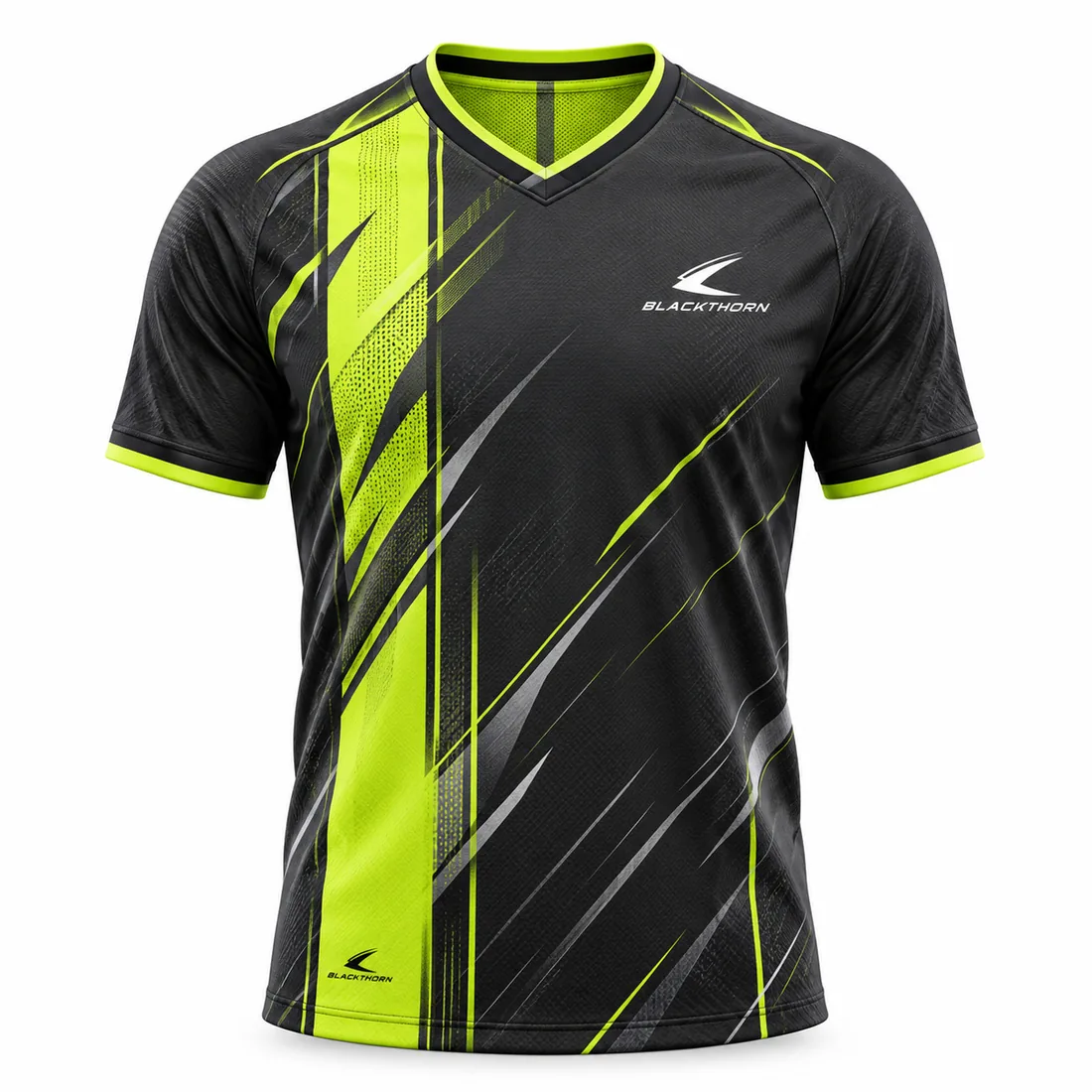 Electric Pulse Soccer Jersey front view, black V-neck with neon lime stripes, bulk soccer jerseys