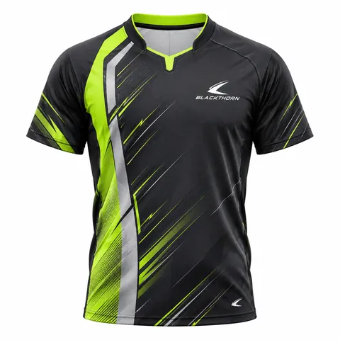 Electric Pulse table tennis shirt front view, charcoal black with neon lime stripe, table tennis shirt factory