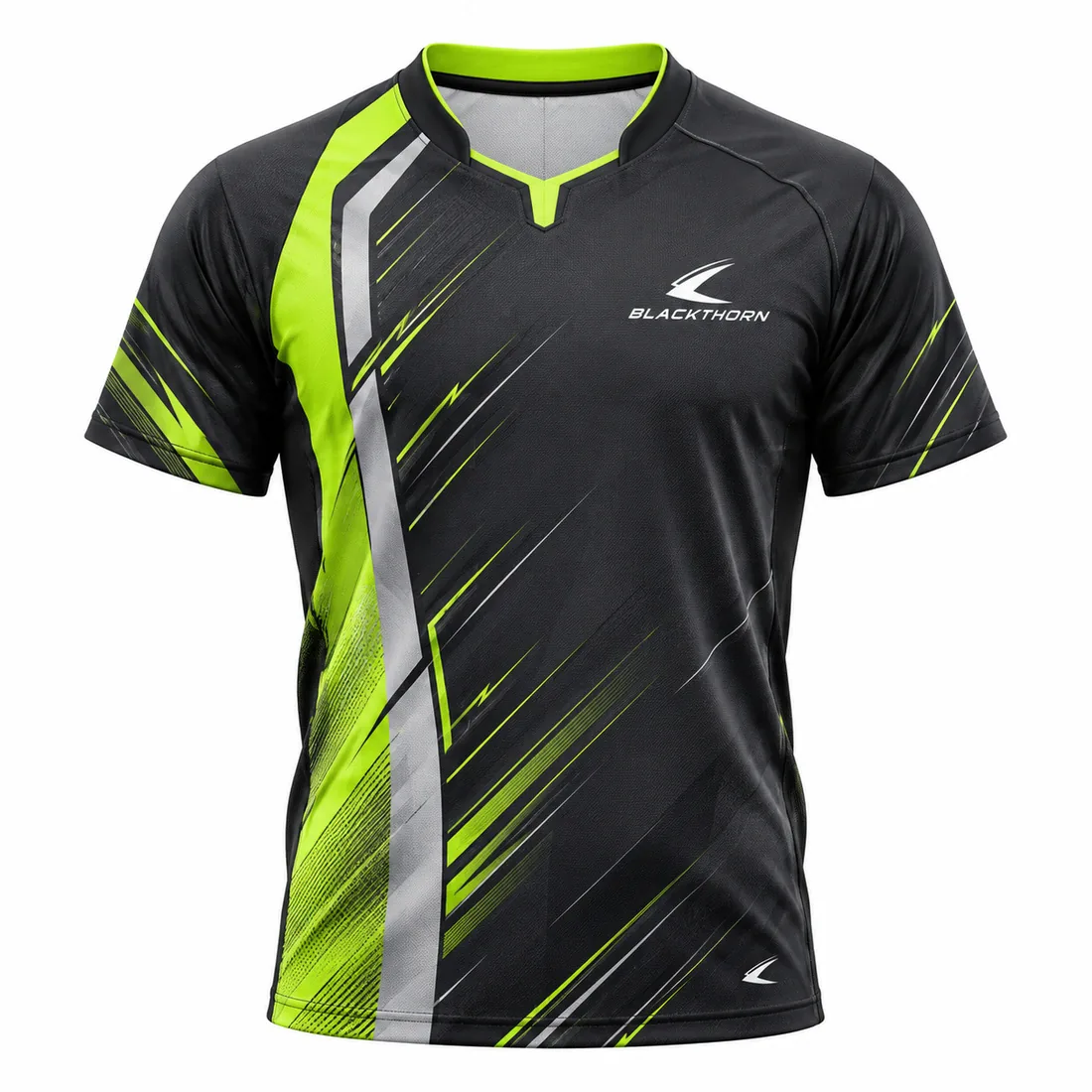 Electric Pulse table tennis shirt front view, charcoal black with neon lime stripe, table tennis shirt factory