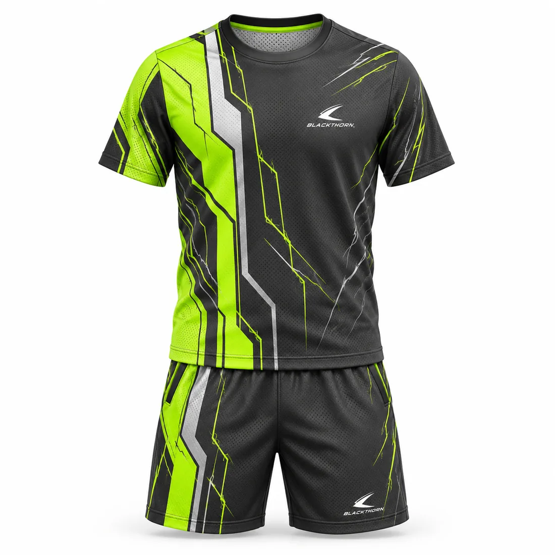 Electric Pulse Pickleball Team Set front view, charcoal tee and shorts with neon lime stripe, pickleball team sets