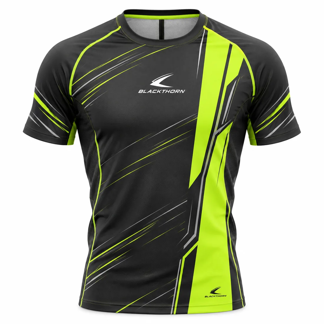 Electric Pulse rowing top front view, charcoal black with neon lime vertical stripe, custom rowing tops