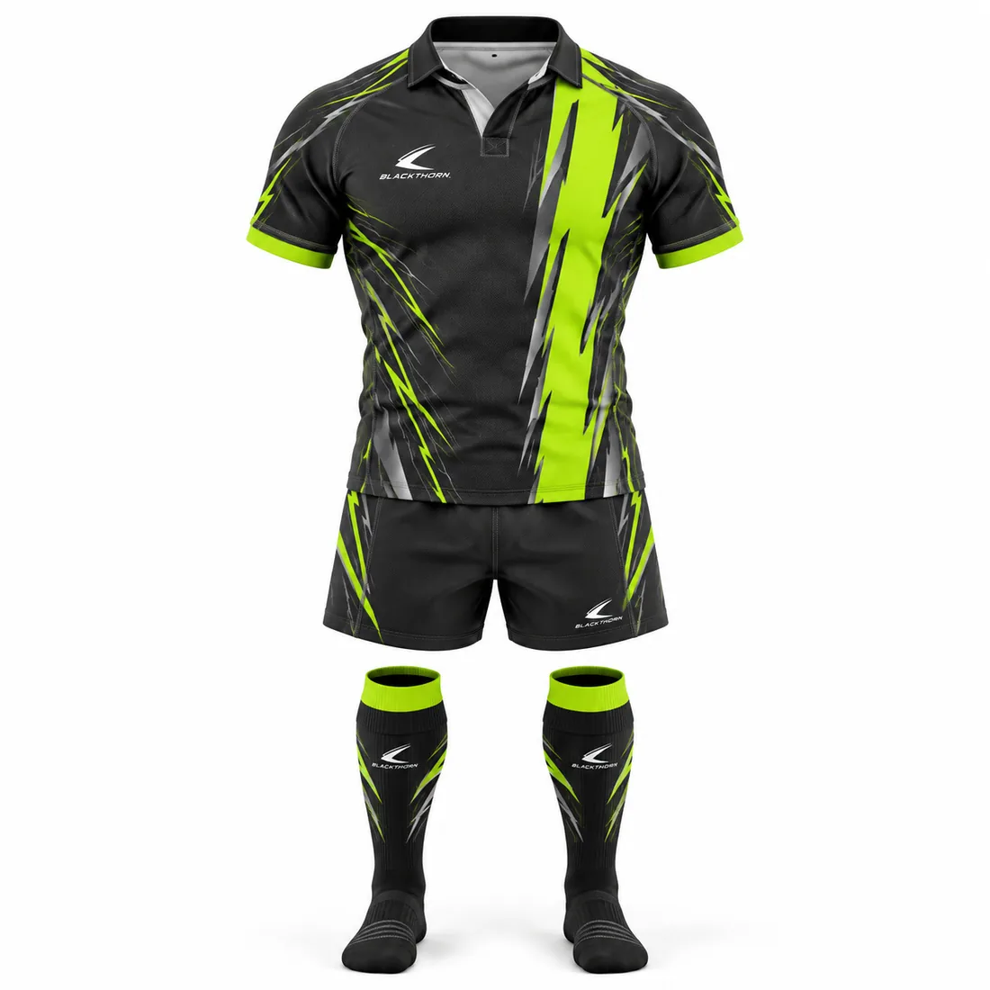 Electric Pulse Rugby Kit front view, charcoal jersey with neon lime stripe, black shorts and socks - OEM