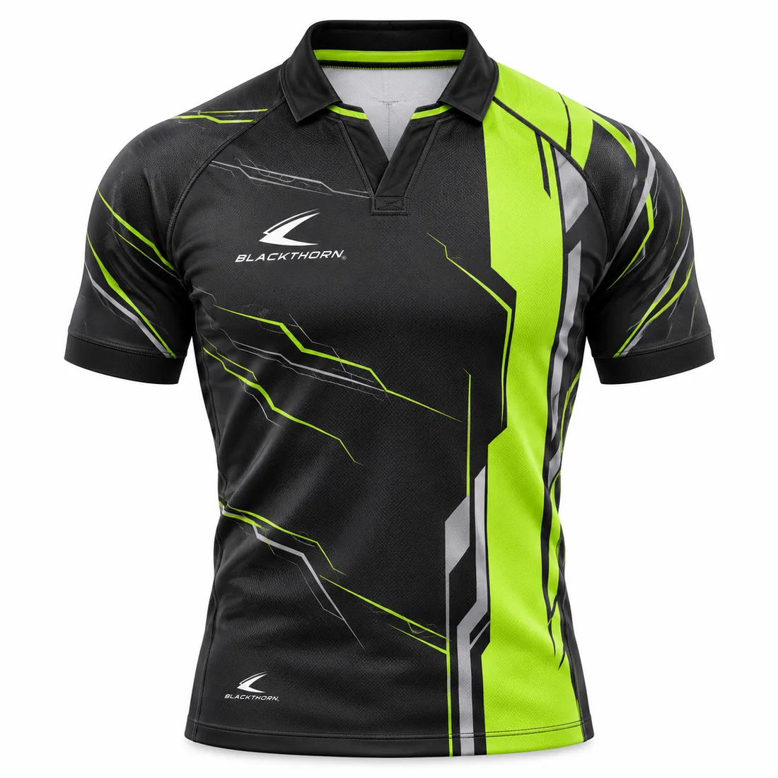 Electric Pulse Rugby Jersey front view, charcoal-black with neon lime stripe and lightning lines - sublimated